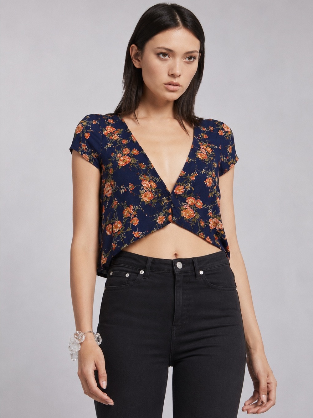 (XS) Reformation Lilou Crop Top Moonshadow Extra Small Navy Blue Floral Pink